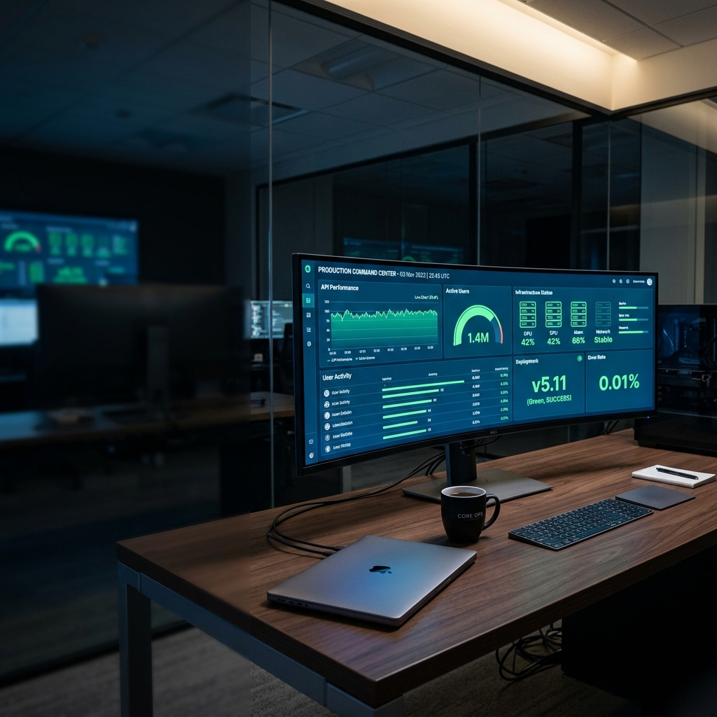 Centro de comando operacional com dashboard de produção ao vivo mostrando métricas de aplicação e status de deployment