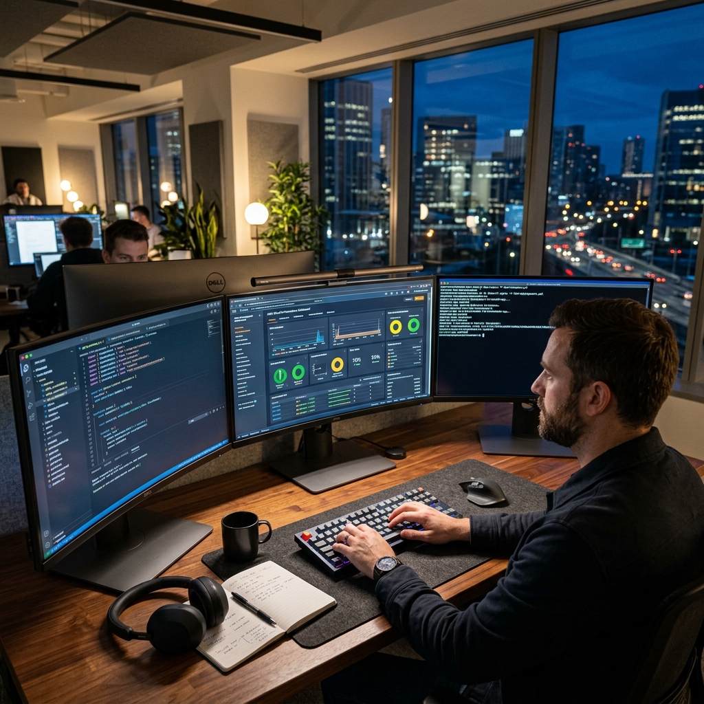 Ambiente premium de engenharia de software — workspace com múltiplas telas mostrando código, dashboards cloud e terminal de deployment